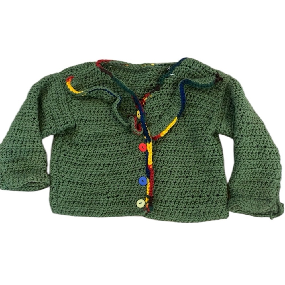 Handmade Girls Knitted Ruffle Button up Sweater Size 4-5 Green Yellow Bl…